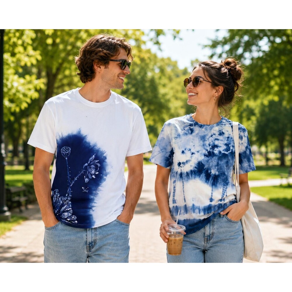 Womens Cotton Graphic T-Shirt | Indigo Batik Tie-Dye Tee | Handmade Art Shirt